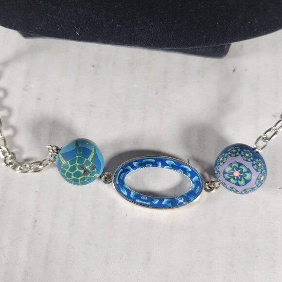 Viva Beads Retro Blue Turtle Floral Clay Beads Silver-Tone Chain 36" Necklace - Picture 3 of 6